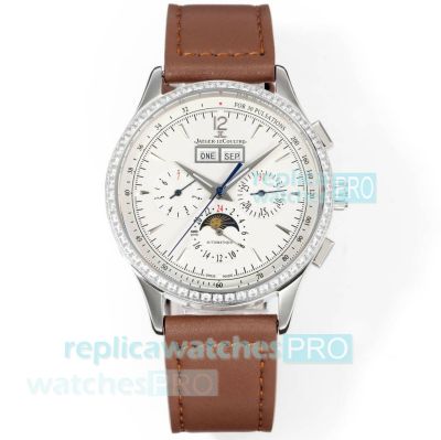 Swiss Replica V2 Jaeger-LeCoultre Master Diamond Bezel Brown Leather Strap Watch 